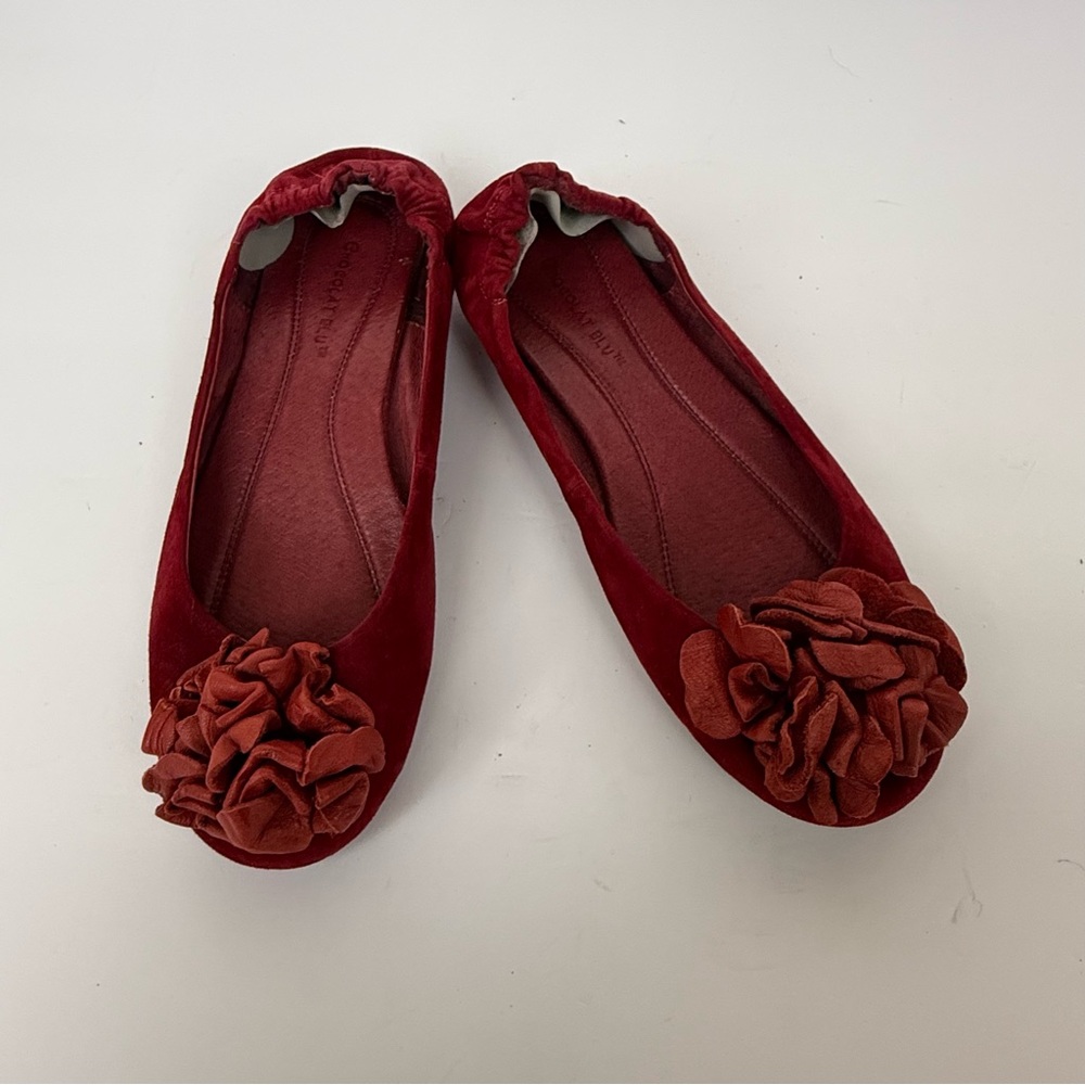 Chocolat Blu Vivian Red Suede Ballet Flats with Floral Detail Size 7 GUC